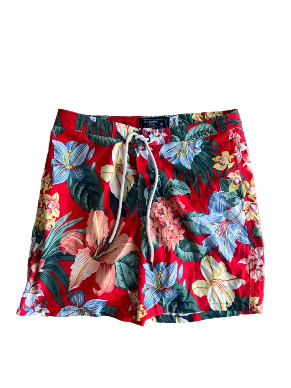 Abercrombie & Fitch Red Waistband Floral-Trim Swim Shorts